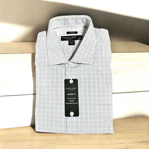 Pronto Uomo Men’s Dress Shirt Modern Fit 17 34/35 Blue Yellow Plaid NWT - Picture 2 of 5